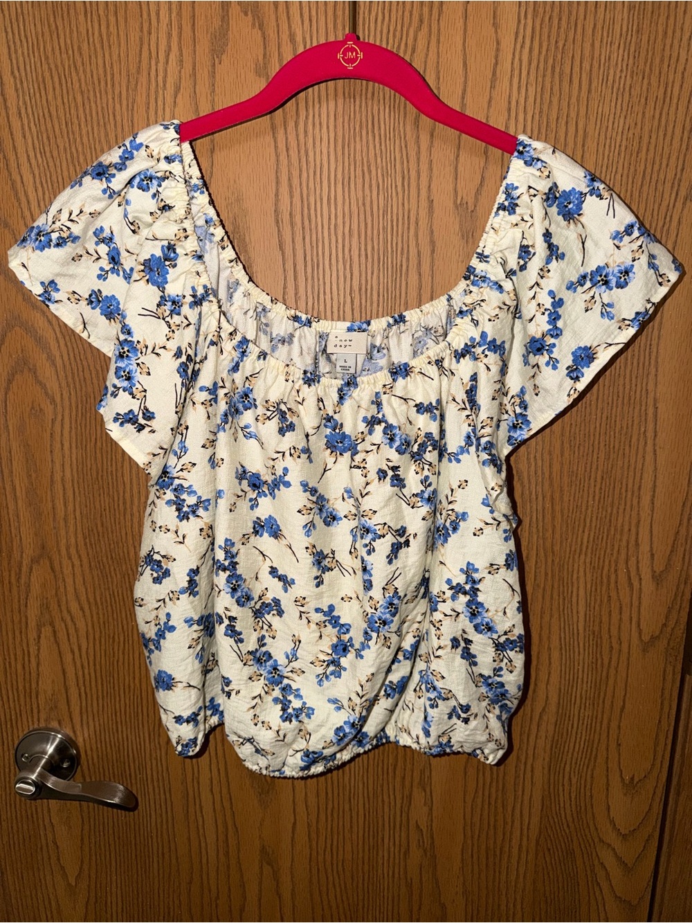 A New Day Cream Floral Square-Neck Peasant Top with Blue Flowers